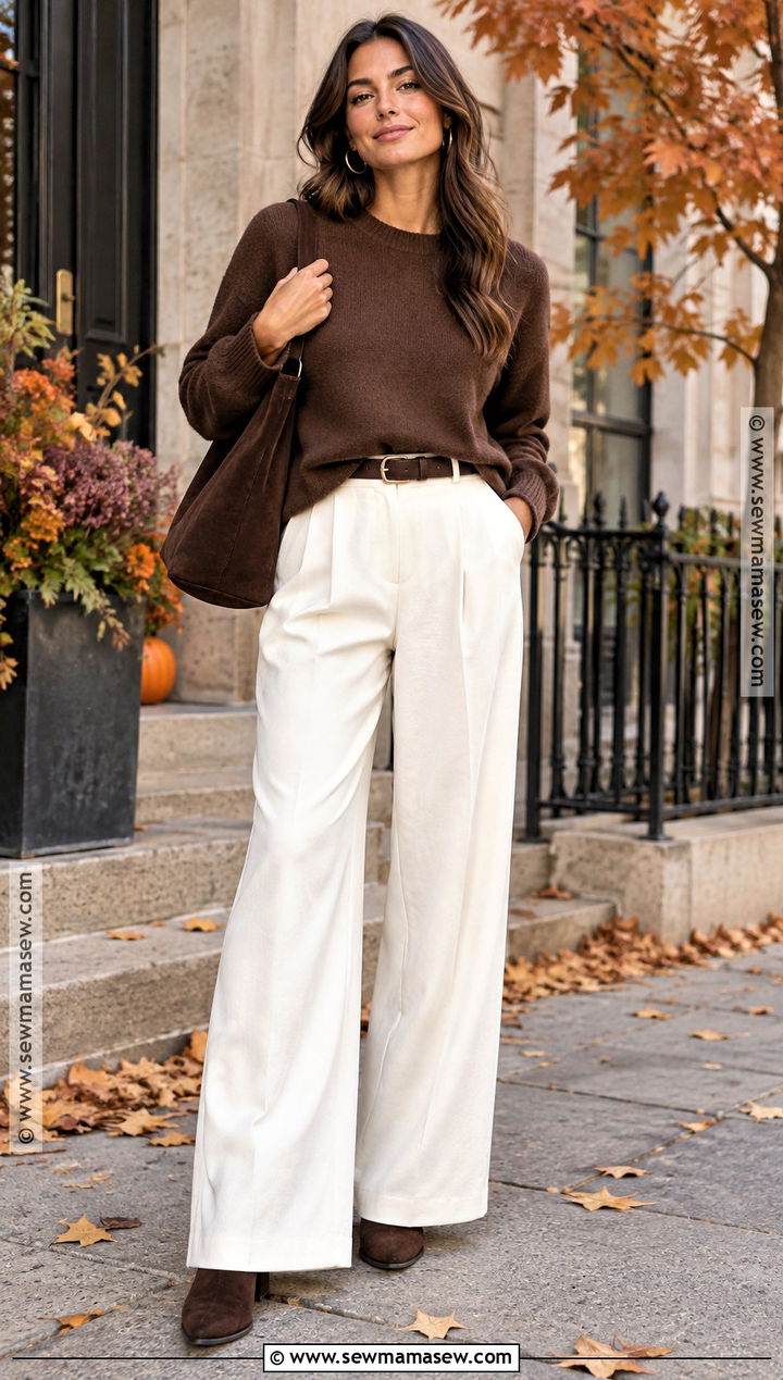 White Trousers With Chocolate Brown Sweater - 15 Fall White Trousers Outfit Ideas