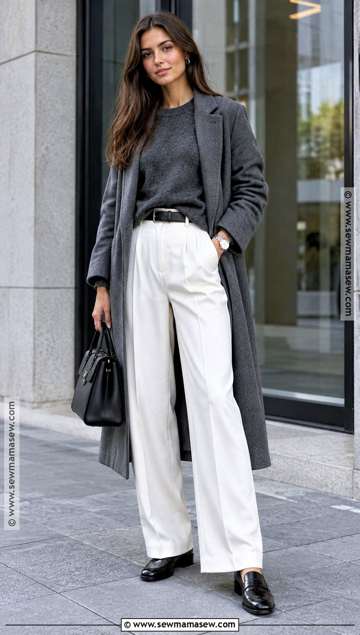 White Trousers With Gray Knit - 20 white pants autumn outfit