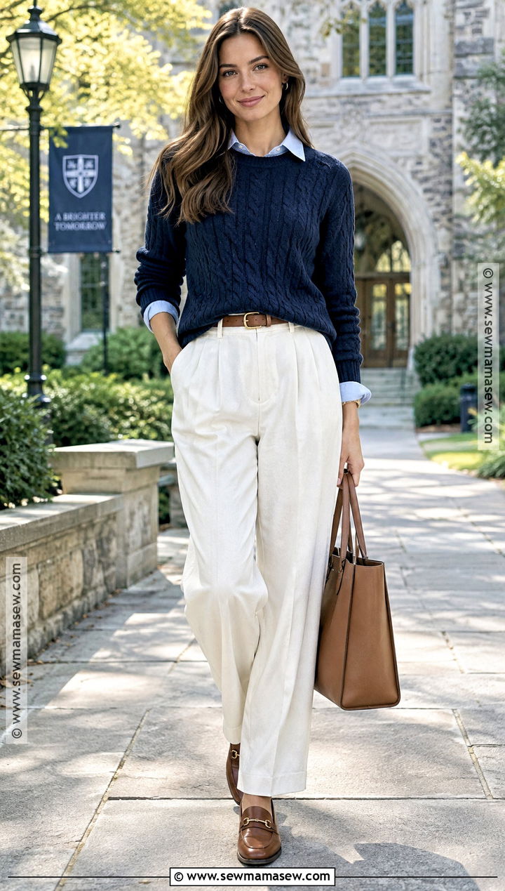 White Trousers With Navy Sweater - 25 white pants fall outfit