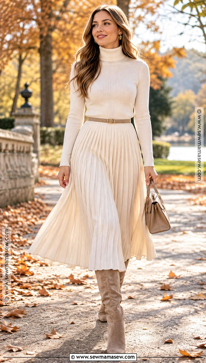 White Turtleneck And Pleated Skirt Fall Engagement Outfit - 15 White Fall Engagement Outfit Ideas