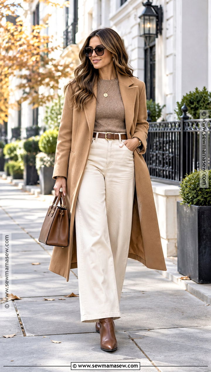 White Wide Leg Jeans With Camel Coat And Brown Boots - 25 wide leg jeans outfit autumn