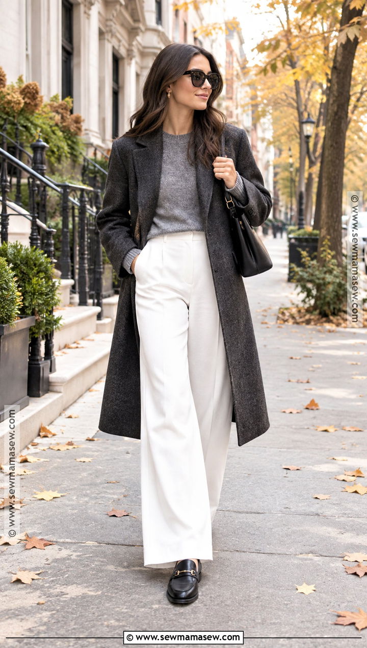 White Wide Leg Pants With Gray Sweater - 15 White Pants For Fall