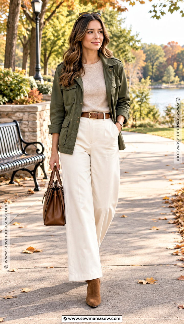 White Wide Leg Pants With Olive Jacket - 20 wide leg pants outfit fall