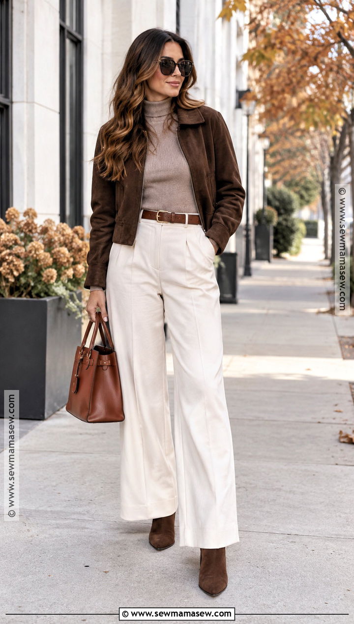White Wide Leg Pants With Suede Jacket And Boots - 15 fall fashion wide-leg pants