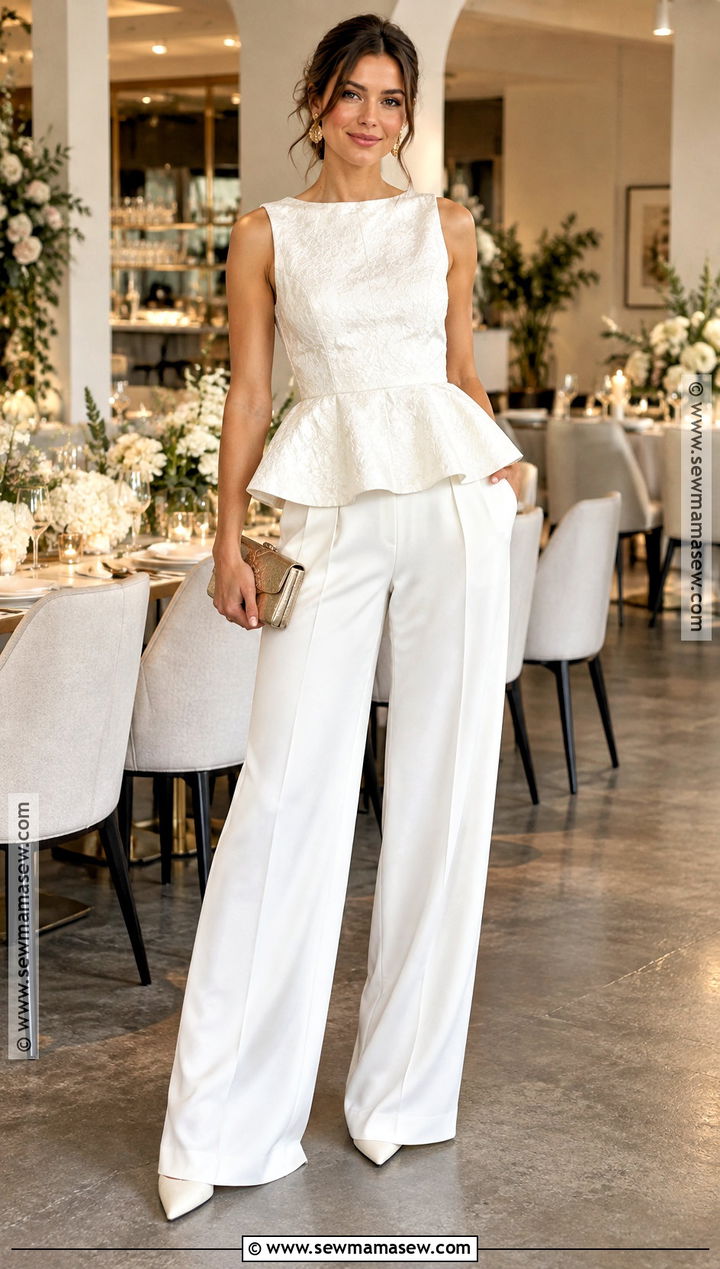White Wide Leg Trousers And Peplum Top Bridal Shower Outfit - 20 fall bridal shower outfit for bride ideas