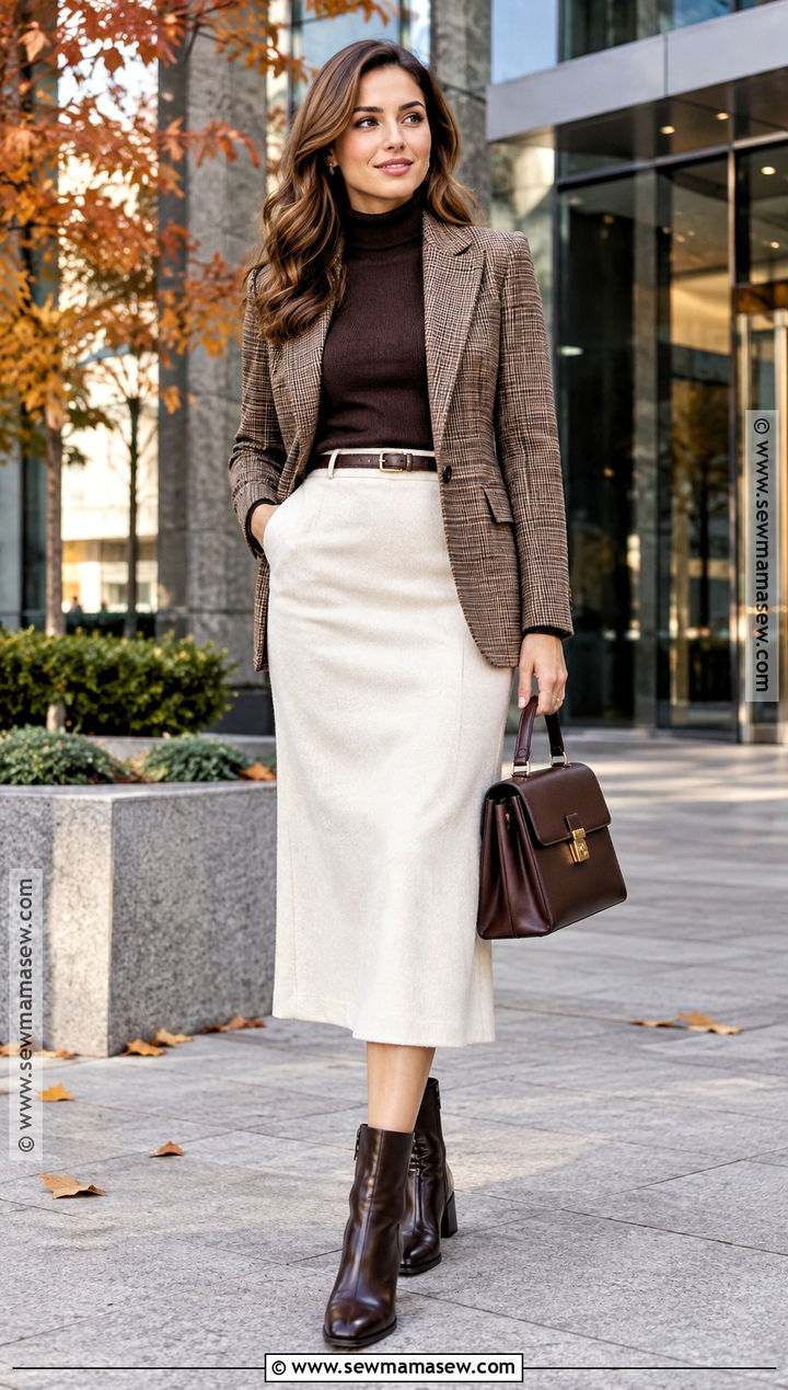 White Wool Skirt With Plaid Blazer - 20 fall outfit white skirt ideas