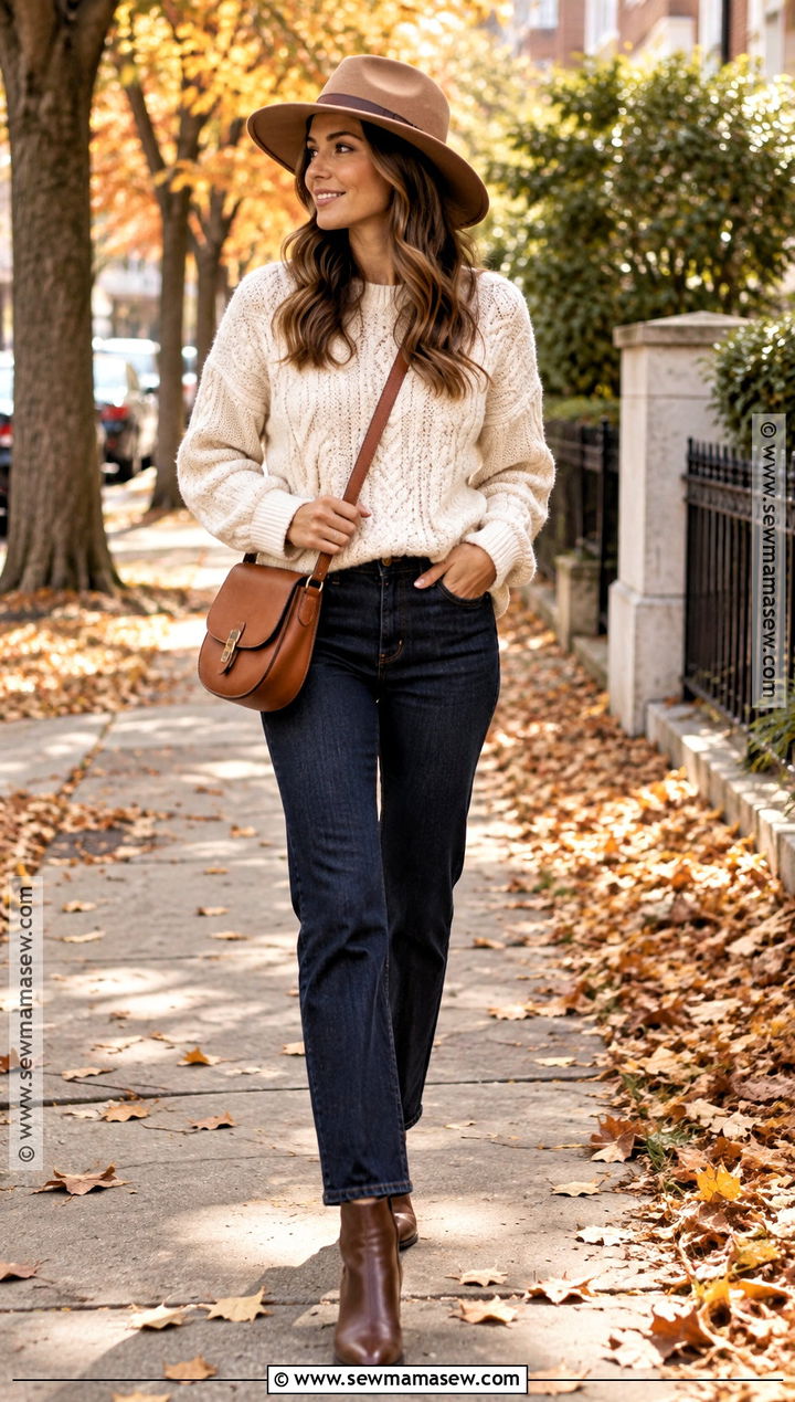 Wide Brim Fedora With Sweater And Jeans - 20 Fall Hats For Women Outfits