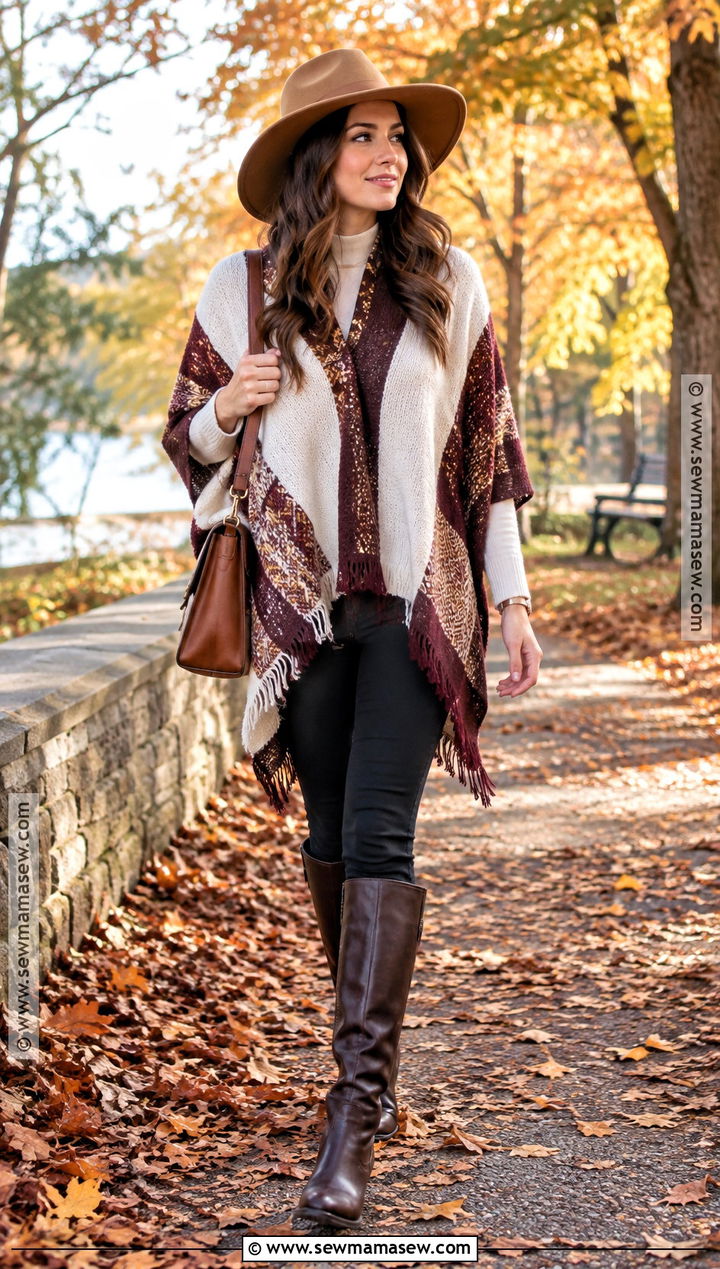 Wide Brim Felt Hat With Poncho And Boots - 15 Fall Fashion Hat Ideas