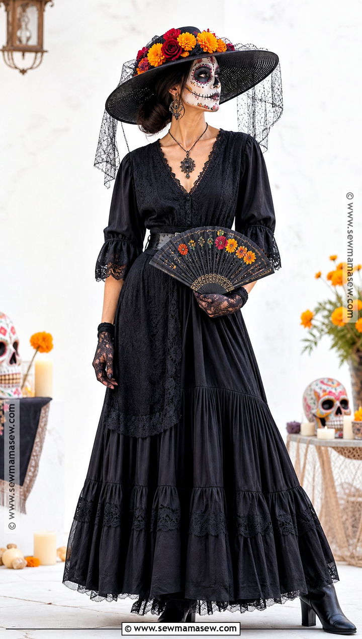 Wide Brim Hat Catrina Costume - 30 dia de los muertos costumes for women