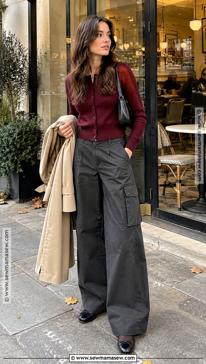 Wide Leg Cargo Pants With Cardigan And Ballet Flats - 15 cargo autumn outfit ideas