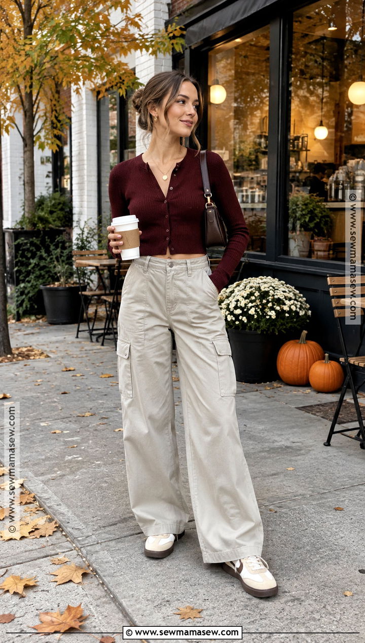 Wide Leg Cargo Pants With Cropped Cardigan And Sneakers - 20 fall cargo pants outfit