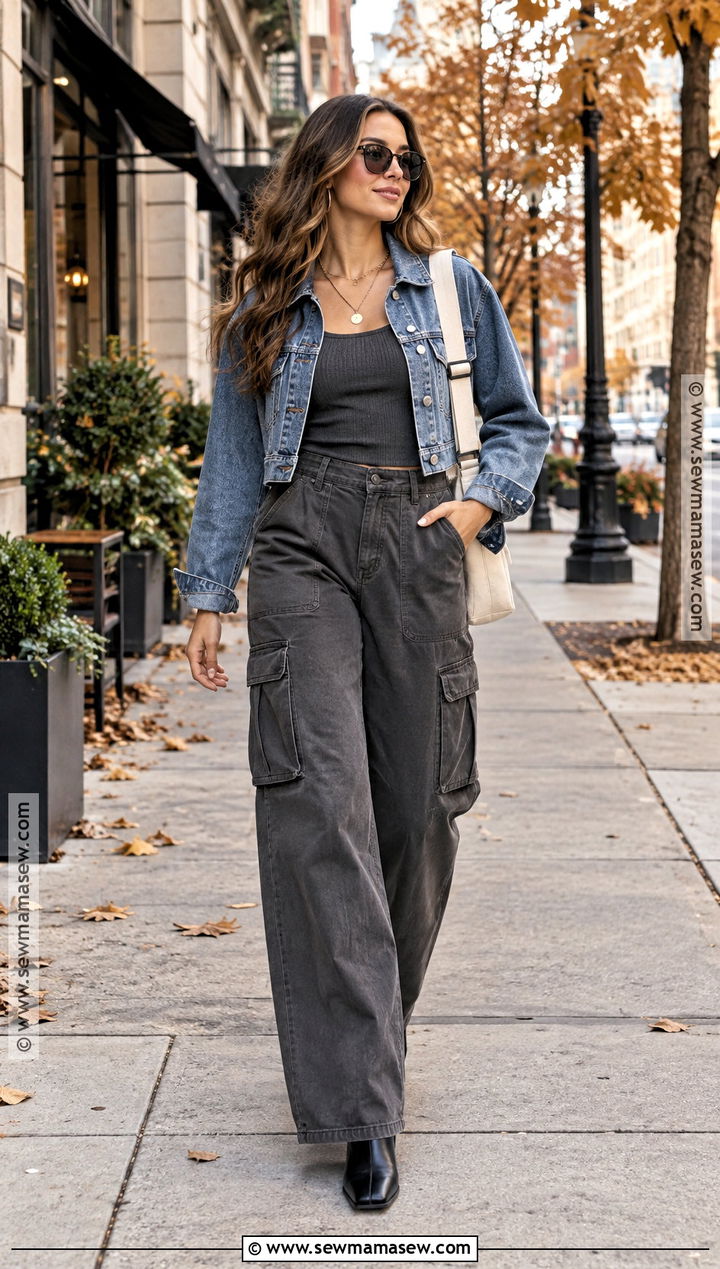 Wide Leg Cargo Pants With Denim Jacket and Boots - 15 fall outfits women cargo pants