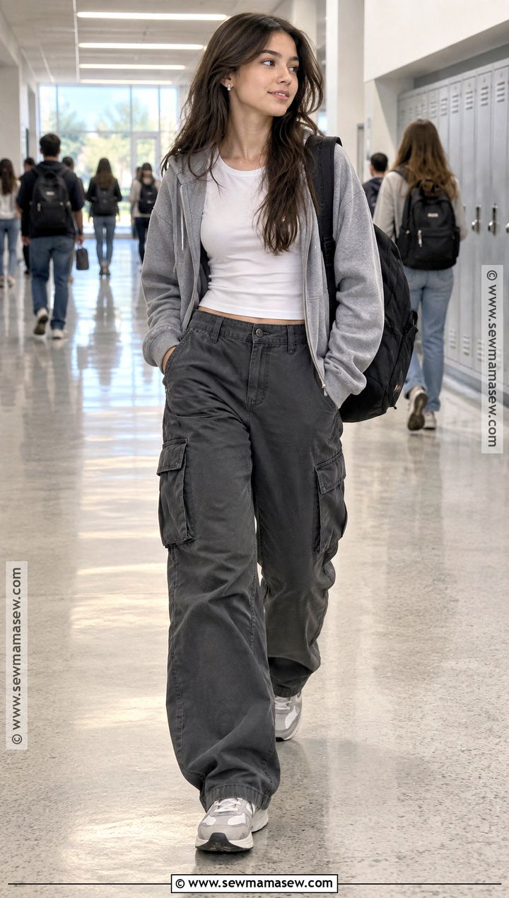 Wide Leg Cargo Pants With Zip Hoodie - 20 back to school outfits cargo pants