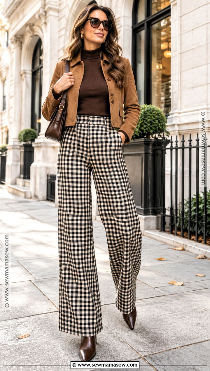 Wide Leg Gingham Pants With Suede Jacket And Fitted Top - 20 Gingham Pants Outfit Fall
