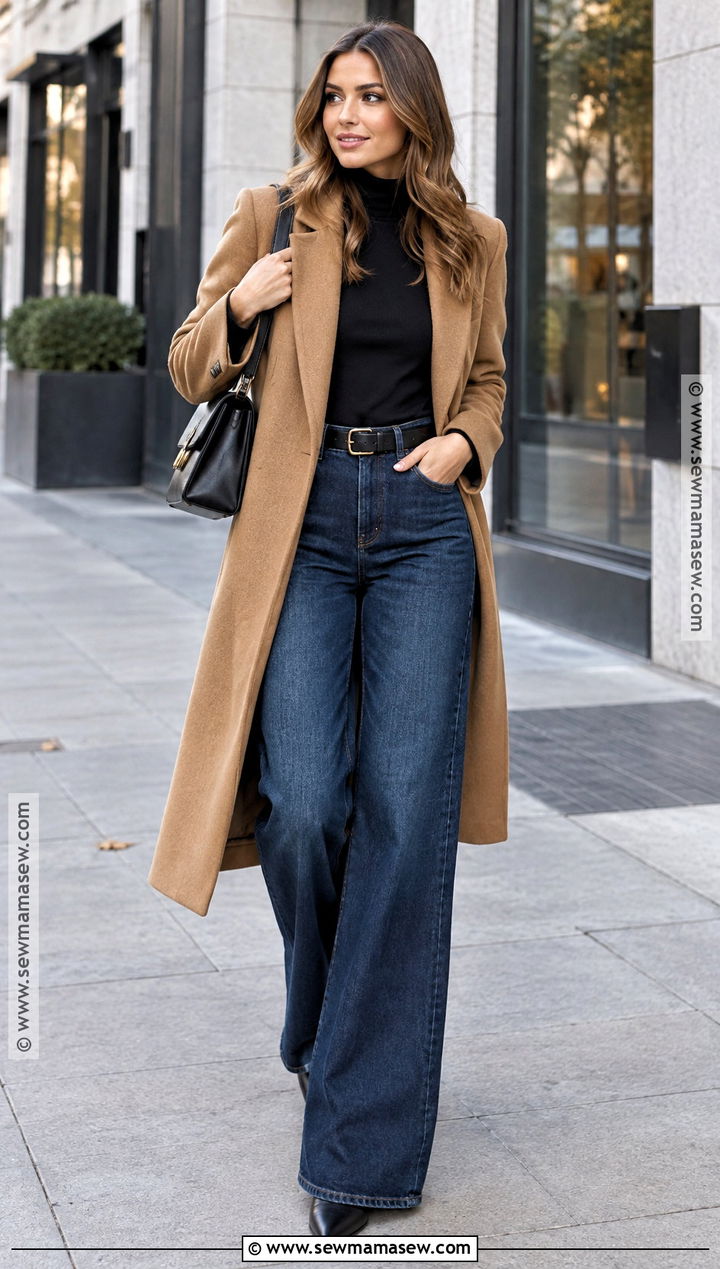 Wide Leg Jean Outfit With Black Turtleneck - 20 Cute Fall Jean Outfits