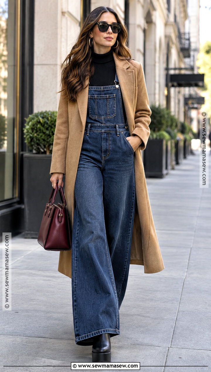 Wide Leg Jean Overall Outfit With Fitted Top and Long Coat - 20 jean overall outfits fall