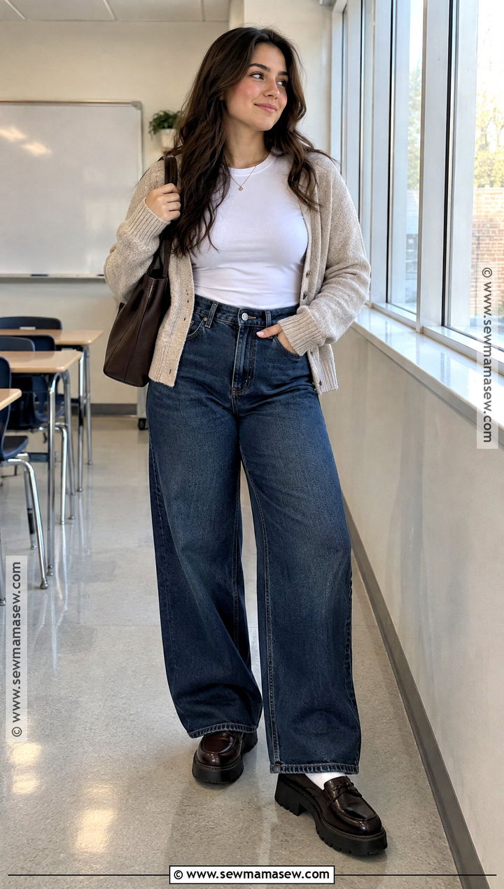 Wide Leg Jeans And Cardigan Outfit - 15 jeans outfit back to school