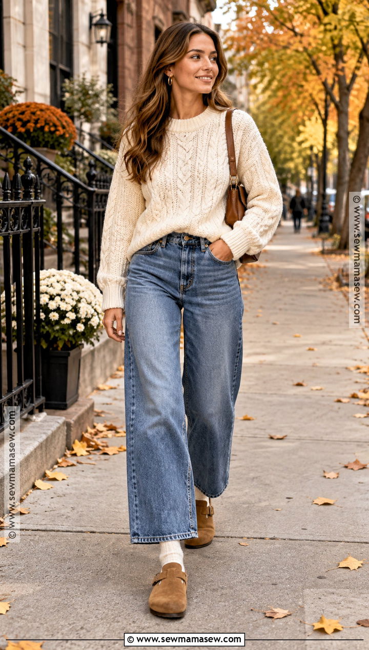 Wide Leg Jeans And Chunky Sweater With Clogs - 20 fall outfits with clogs