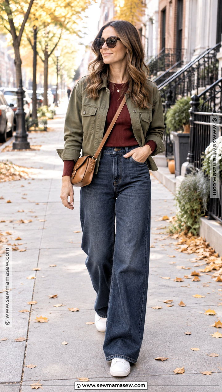 Wide Leg Jeans And Fitted Long Sleeve Top Fall Outfit - 20 Easy Fall Outfits for Moms