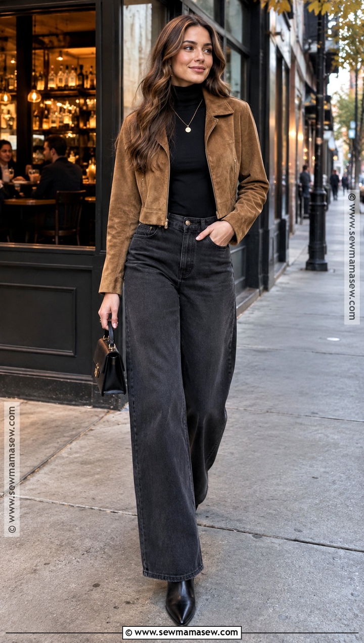 Wide Leg Jeans And Fitted Sweater Bar Outfit - 15 bar outfit night fall casual ideas