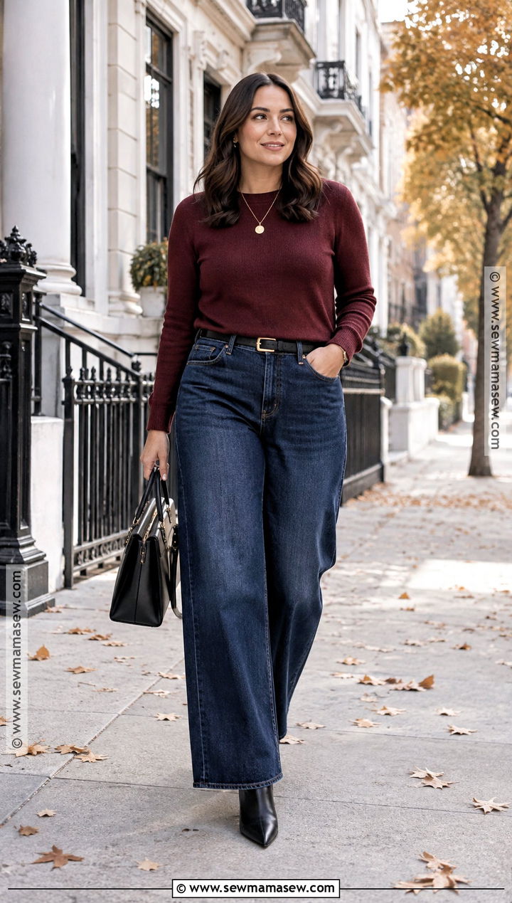 Wide Leg Jeans And Fitted Sweater Fall Outfit - 20 Fall Outfits For Mid Size for Women