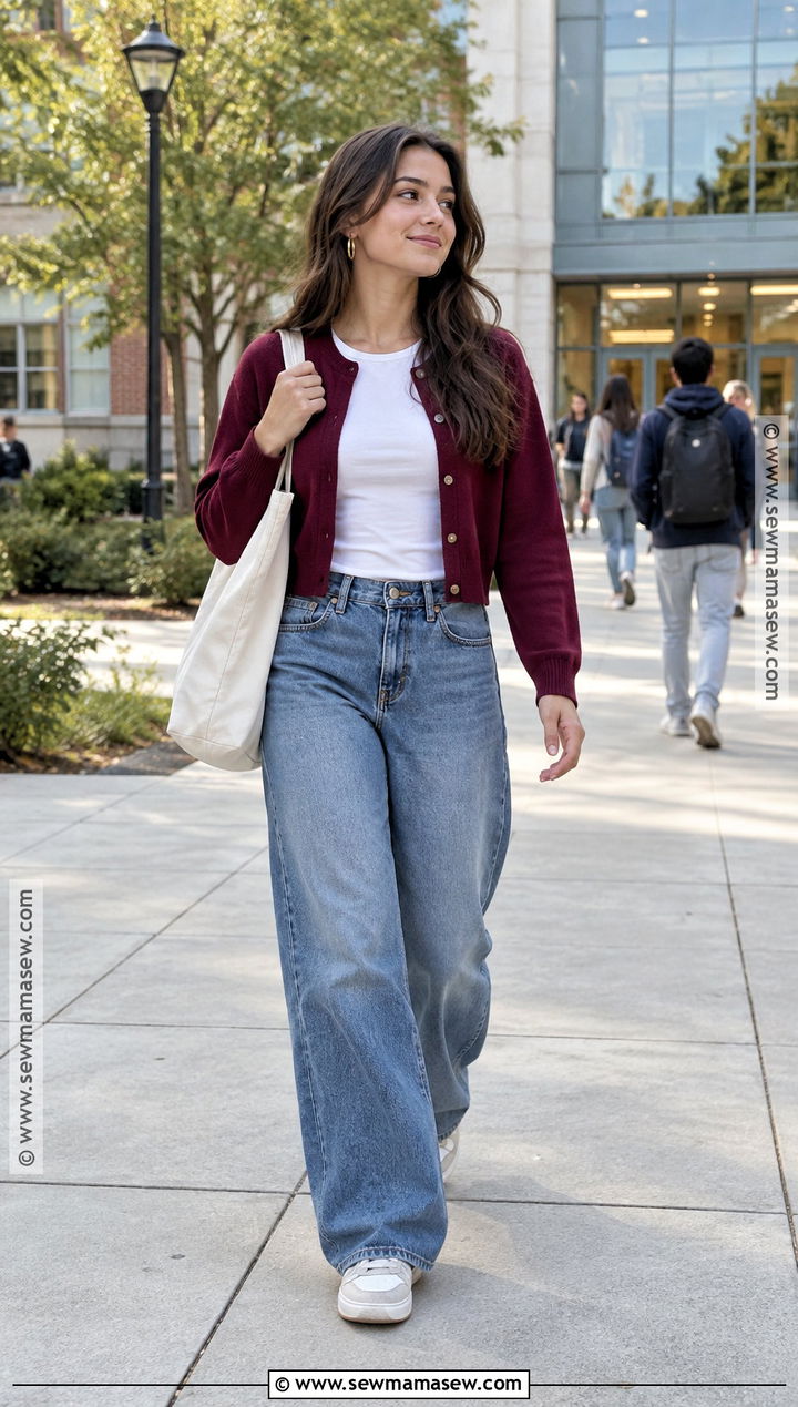 Wide Leg Jeans And Fitted Tee College Outfit - 15 Back To School Outfits College First Day