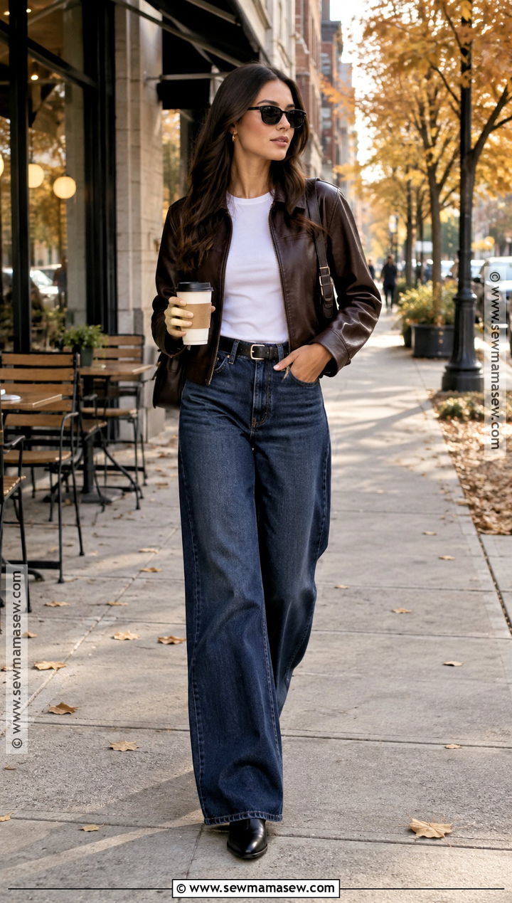 Wide Leg Jeans And Leather Jacket Fall Coffee Run Outfit - 15 coffee run outfit fall ideas