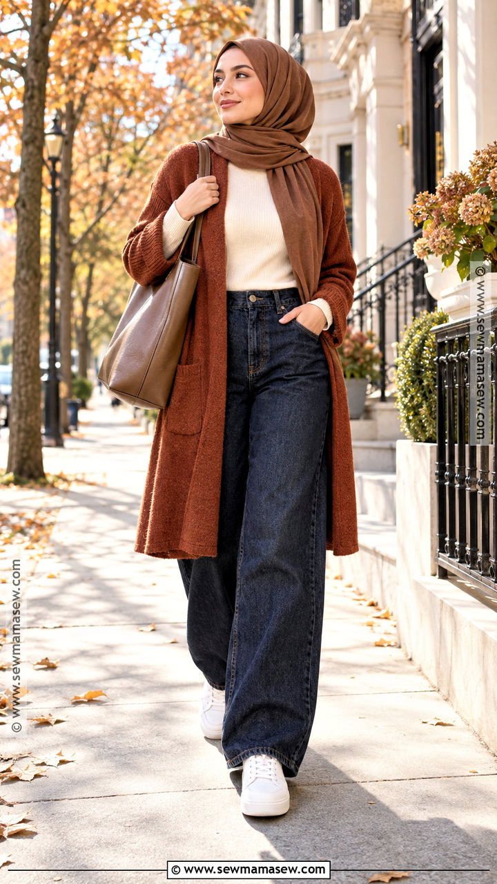 Wide Leg Jeans And Long Cardigan Hijab Outfit - 20 Hijab Fashion Autumn Ideas