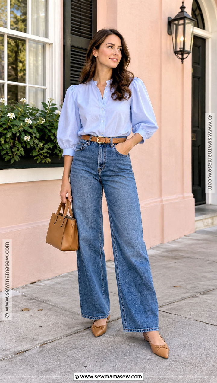 Wide Leg Jeans And Puff Sleeve Top Charleston Fall Outfit - 20 charleston outfits fall