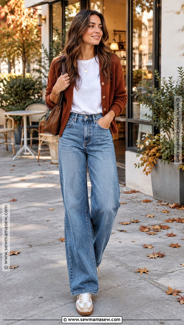 Wide Leg Jeans And Retro Sneakers With A Cardigan - 15 Fall Outfits Jeans And Sneakers