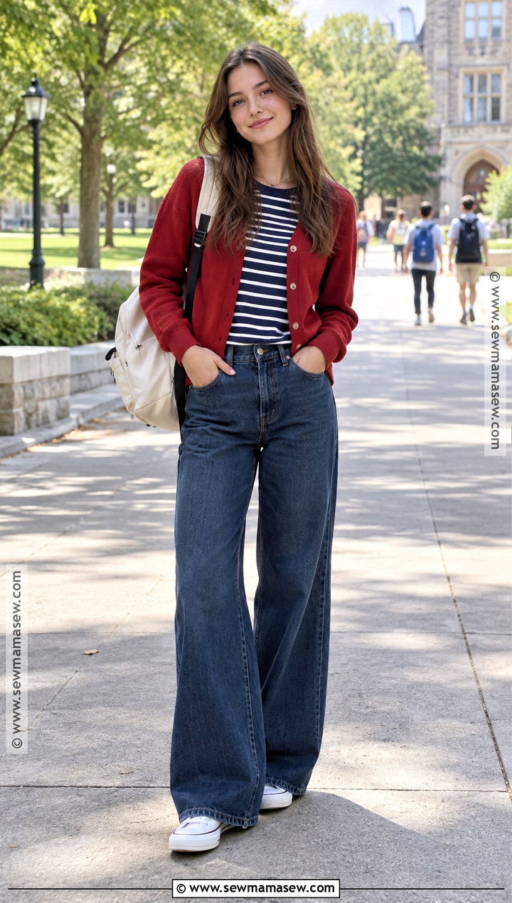 Wide Leg Jeans And Striped Top School Outfit - 15 back to school outfits dress code approved