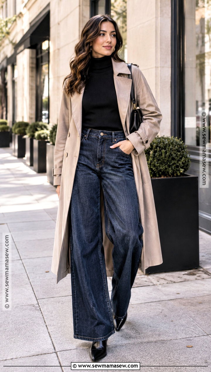Wide Leg Jeans And Trench Coat With Black Ankle Boots - 15 Black Ankle Boots Fall Fashion