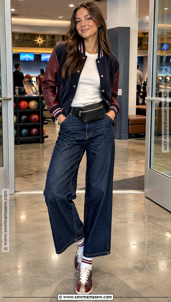 Wide Leg Jeans And Varsity Jacket Bowling Outfit - 15 bowling outfit ideas fall