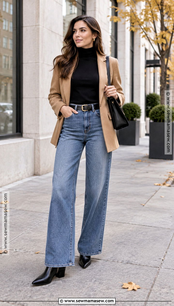 Wide Leg Jeans Fitted Turtleneck And Pointed Ankle Boots - 15 Fall Jeans Outfit Casual Ankle Boots
