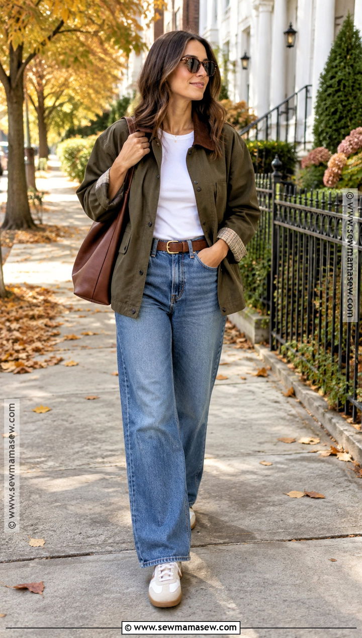 Wide Leg Jeans White Tee And Barn Jacket Fall Outfit - 15 Womens Fall Fashion Casual Ideas