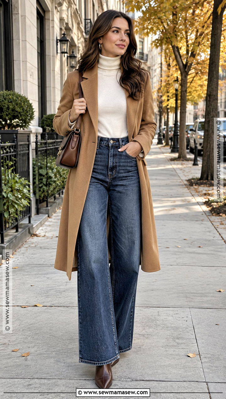 Wide Leg Jeans With A Fitted Sweater - 15 autumn jeans outfits 2026