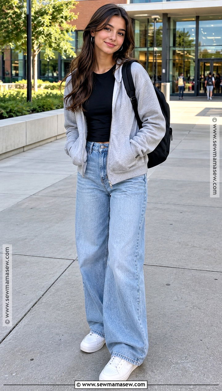 Wide Leg Jeans With Black T Shirt and Sneakers - 20 back to school pants