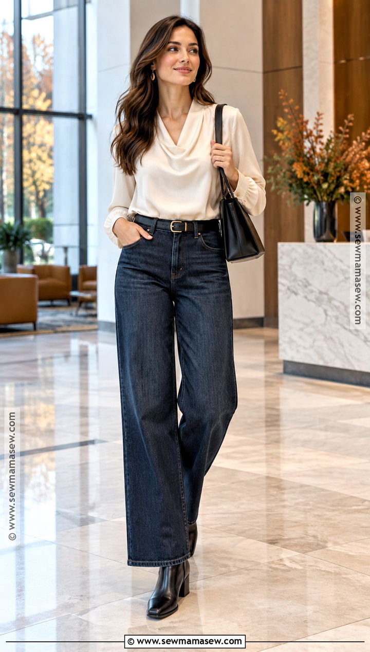 Wide Leg Jeans With Blouse And Block Heel Boots - 25 wide leg jeans outfit autumn