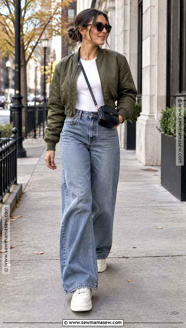 Wide Leg Jeans With Bomber Jacket And Platform Sneakers - 25 wide leg jeans outfit autumn