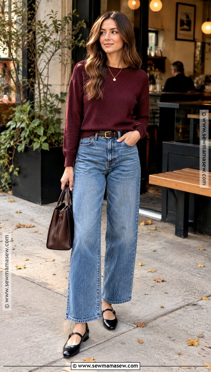 Wide Leg Jeans With Burgundy Sweater And Mary Jane Flats - 15 Wide Leg Jeans Outfit Fall 2026