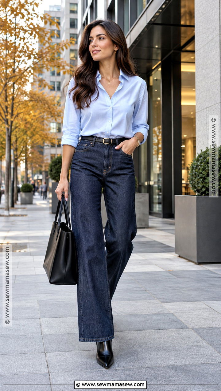 Wide Leg Jeans With Button Down Shirt And Heeled Boots - 25 wide leg jeans outfit autumn