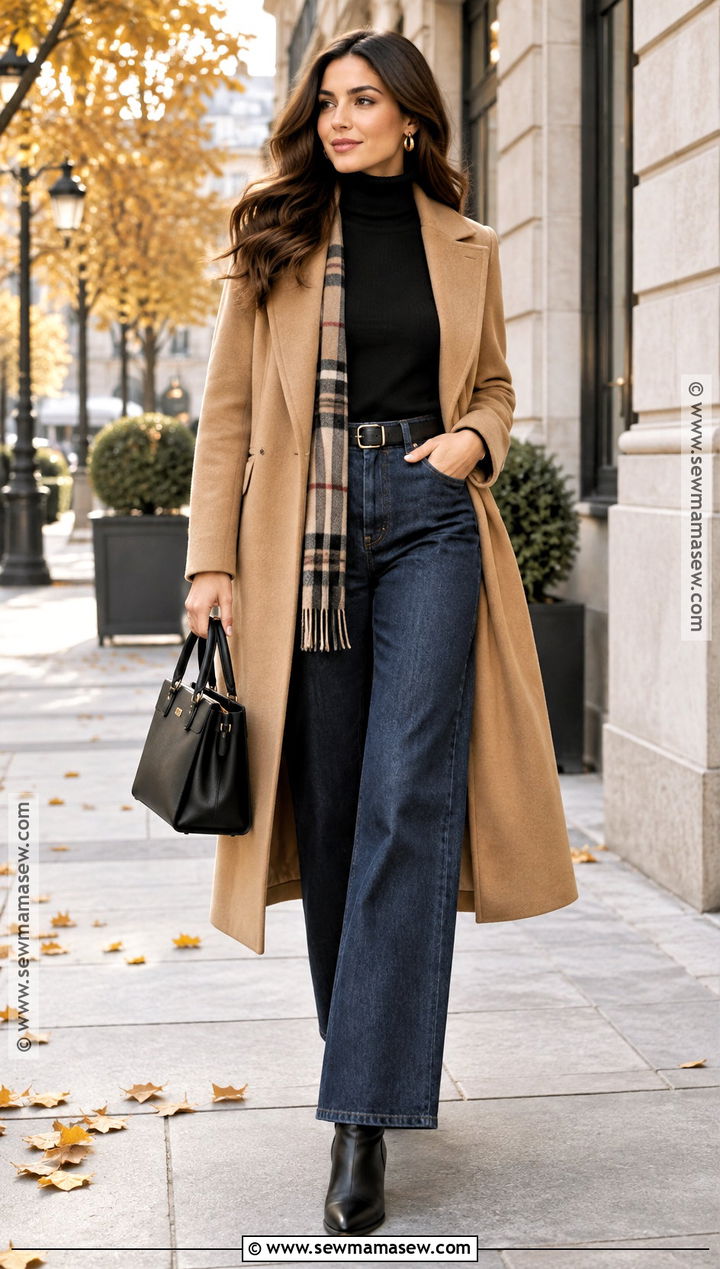 Wide Leg Jeans With Camel Coat And Black Turtleneck - 15 fall outfits women wide leg jeans