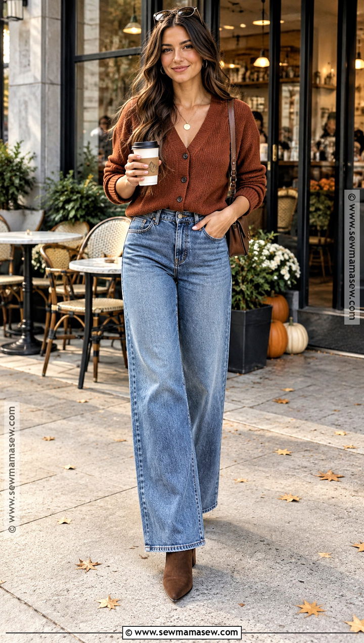 Wide Leg Jeans With Cardigan And Ankle Boots - 20 Wide Leg Jean Outfits Fall