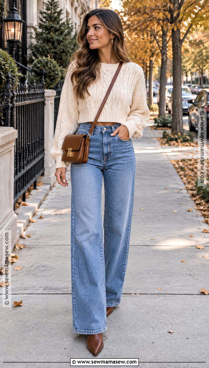 Wide Leg Jeans With Chunky Sweater And Ankle Boots - 20 fall outfit wide leg jeans