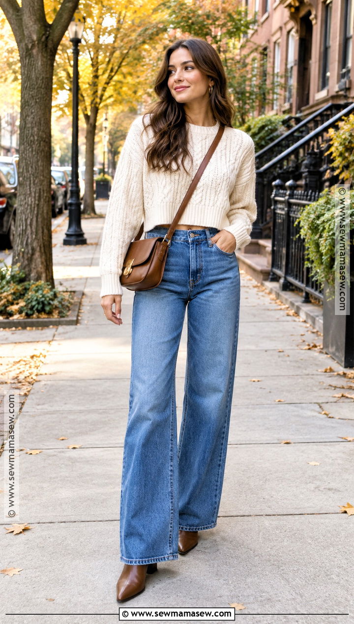 Wide Leg Jeans With Chunky Sweater And Ankle Boots - 25 wide leg jeans outfit autumn
