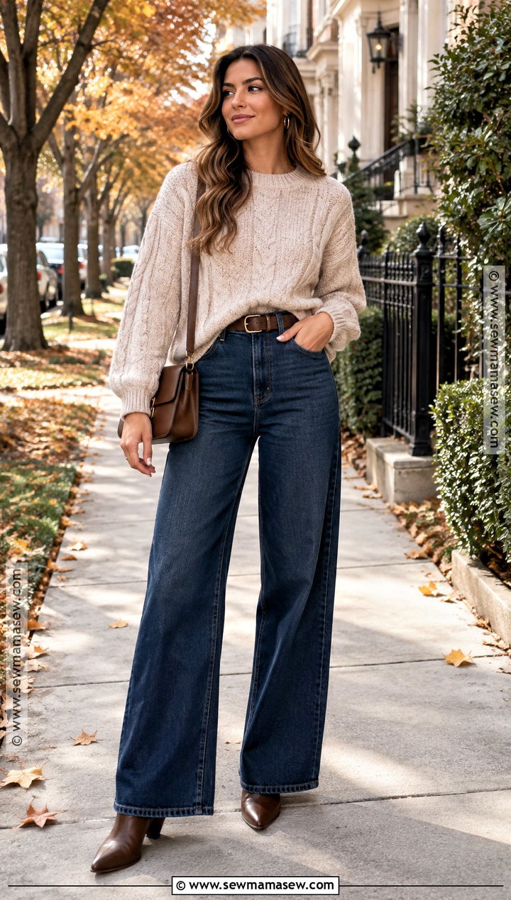 Wide Leg Jeans With Chunky Sweater And Ankle Boots - 15 fall outfits women wide leg jeans