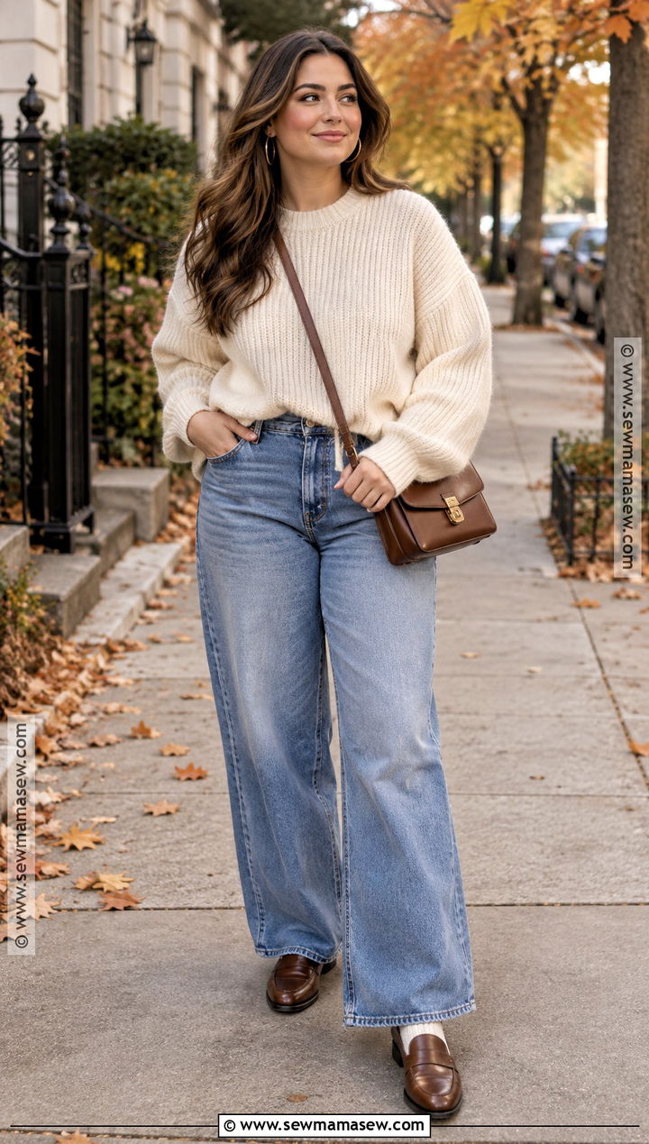 Wide Leg Jeans With Chunky Sweater And Loafers - 20 wide leg jeans fall outfit
