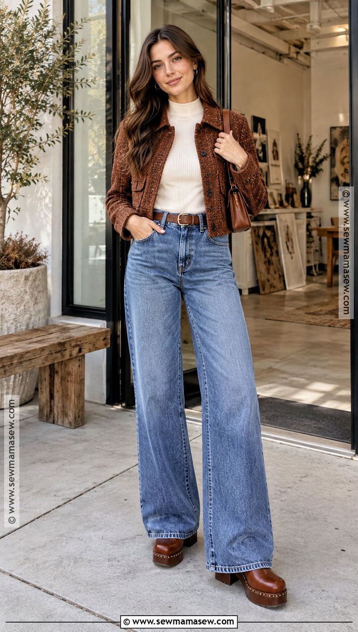 Wide Leg Jeans With Cropped Jacket And Clogs - 15 fall outfits women wide leg jeans