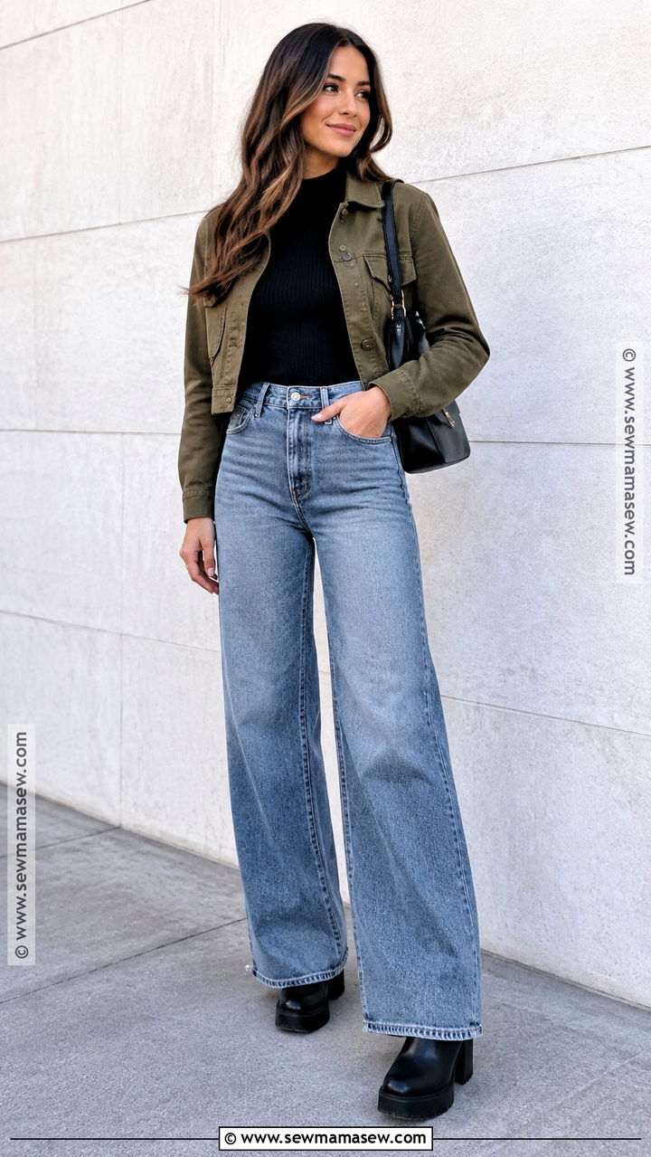 Wide Leg Jeans With Cropped Jacket And Platform Boots - 20 wide leg jeans outfit ideas fall