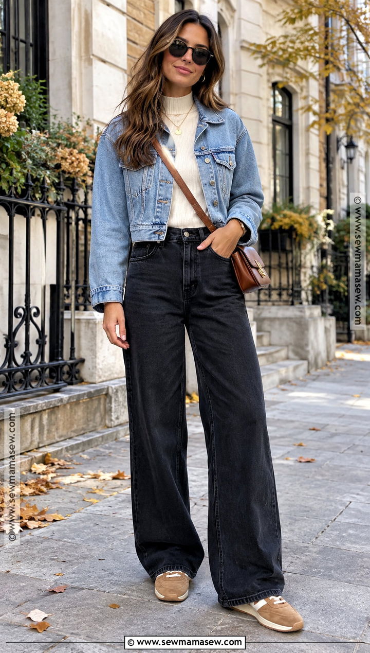 Wide Leg Jeans With Denim Jacket And Mock Neck Top - 15 wide leg jeans outfit fall casual